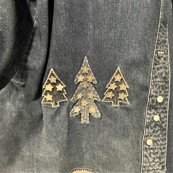 FG Field Gear vintage holiday Christmas denim button front Christmas trees large - Picture 3 of 5